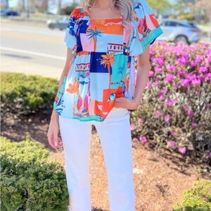 JENNY BOSTON Colorful Tropical Printed Babydoll Blouse - (L)